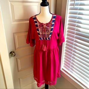 Ella Moon|| Magenta/blue crepe texture dress with lace accents and tassel tie